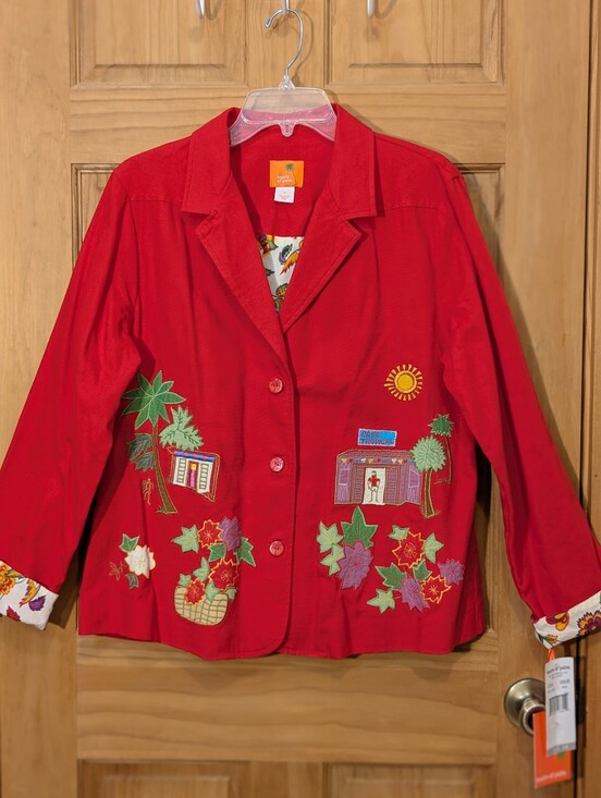 hearts of palm Jackets & Blazers - NWT Hearts Of Palm Blazer Jacket Embroidered Tropical Floral Red Sz 14 Beach VTG